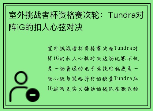 室外挑战者杯资格赛次轮：Tundra对阵iG的扣人心弦对决